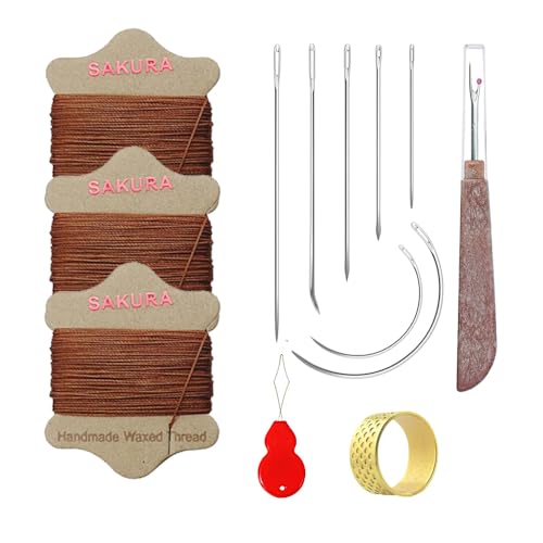 SAKURA Upholstery Repair Kit, 0.55mm ，Round Waxed Sewing Thread (3 Colors) & Heavy Duty Needles (7 PCS) for Leather, Canvas & Quilting Thread (3-Brown) - color: 3-Brown