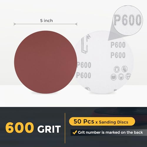 HARFINGTON 15 Pcs 5 Inch Sanding Discs 600 Grit Red Aluminum Oxide - size: 5 Inch(600 Grit)