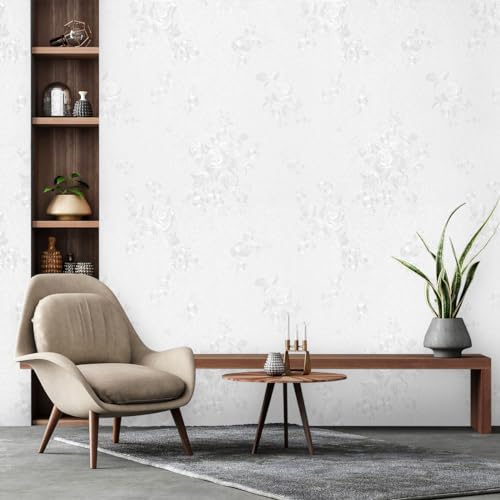 White Embossed Peel and Stick Wallpaper Textured Floral Contact Paper - color: White, size: 17.7" x 394"