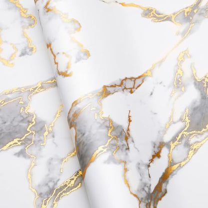 LACHEERY Thick White Marble Contact Paper for Countertops Waterproof Contact Paper Peel and Stick for Cabinets Removable Matte Gold Grey White Marble Wallpaper for Kitchen Bathroom Counter 15.8"x80" - size: 15.8" x 80"