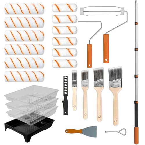 LAANPOLE Paint Roller Kit, 27 Piece Paint Supplies, 9"4" Paint Rollers, 1-4FT Extension Pole, Paint Brushes for Walls, Microfiber Roller Covers for Professional Painting, Orange