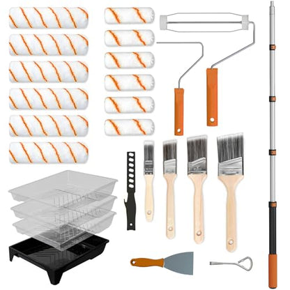 LAANPOLE Paint Roller Kit, 27 Piece Paint Supplies, 9"4" Paint Rollers, 1-4FT Extension Pole, Paint Brushes for Walls, Microfiber Roller Covers for Professional Painting, Orange