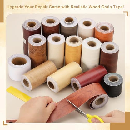 Wood Grain Repair Tape 2" x33', Self Adhesive Realistic Textured Repair Patch Peel and Stick Wood Tape with Scraper for Floor Door Window Furniture Table Gray Oak