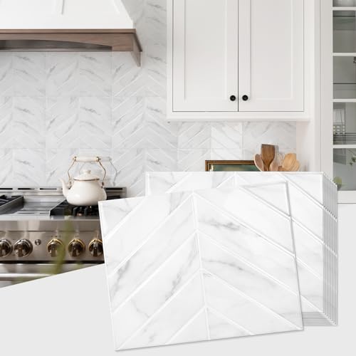 STICKGOO Herringbone Peel and Stick Backsplash, White Marble, 10 Sheets - color: Glossy White Marble, size: Pack of 10