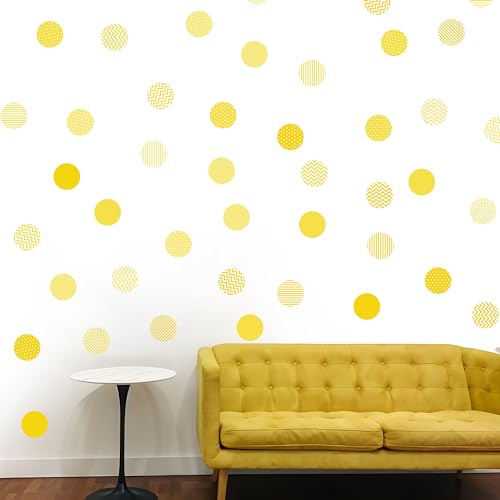 Boho Polka Dot Wall Sticker, 48 Removable and Repositionable Pattern Decals - Premium Fabric Material, Polka Dots, Stripes, Chevrons and Solid in 3 Shades of a Color (Yellow) - color: Yellow