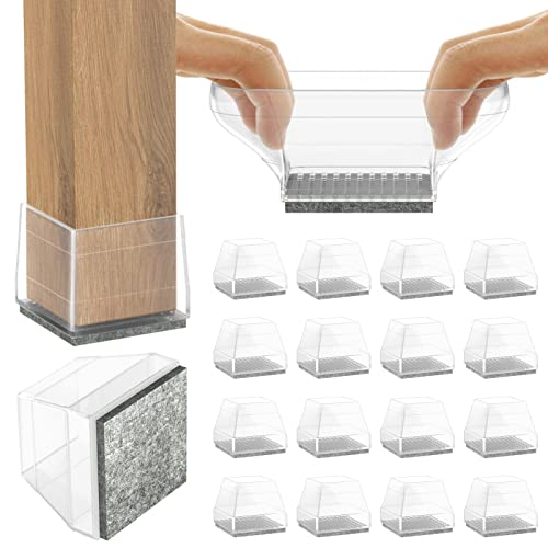 Square Chair Leg Protectors for Hardwood Floors,16 Pcs Silicone Felt Furniture Legs Caps to Prevent Floor from Scratches and Reduce Noise, Easy to Move,1.26-1.57",Clear. - color: Clear, size: Square L(1.26-1.57")