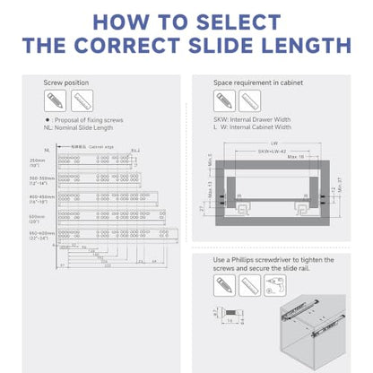 6 Pair 20 Inch (500mm) Undermount Soft Close Drawer Slides - size: 20 Inch-6 Set