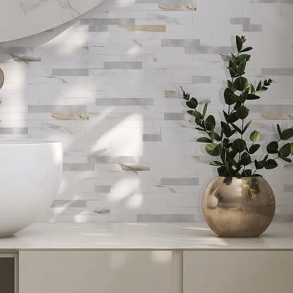 Yipscazo 5 Sheets Peel and Stick Stone Metal Tile Backsplash, Stick on Tiles for Backsplash Kitchen, Bathroom, Laundry Room, Camper, Fireplace (12'' X 12'', Polished Marble) - color: Polished Marble