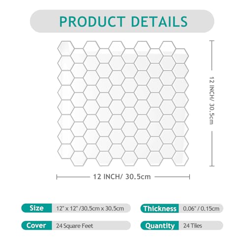 VEELIKE White Hexagon Kitchen Backsplash Tiles Peel and Stick Backsplash Wall Tiles for Bathroom 24 Sheets Waterproof Renter Friendly Ceramic Stick on Tile for Shower Wall Laundry Room 12''x12'' - size: Box of 24 Tiles