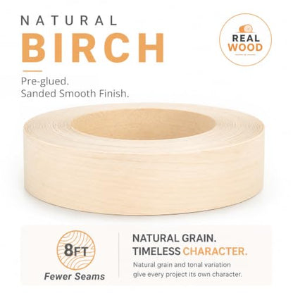 Birch Edge Banding 3 Inch x 25 FT Roll - 8 FT+ Continuous Lengths - Pre-Glued Real Wood - Iron-On, Sanded Smooth Veneer Edging for Furniture & Large DIY Projects - color: Birch, size: 3 in x 25 ft
