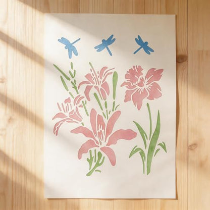 TIAMECH A4 Reusable Lily Flower Dragonfly Stencil for Painting - color: Lily Flower Dragonfly