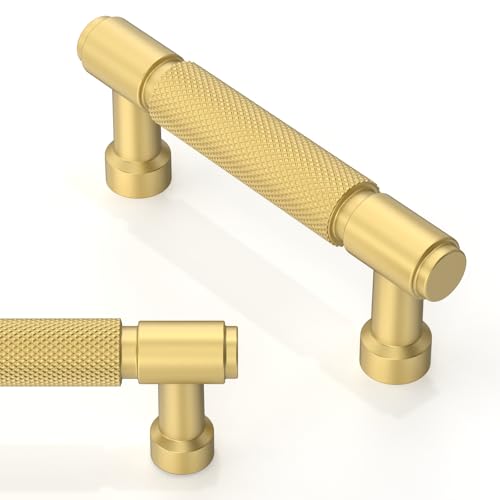 10 Pack Brushed Gold Knurled Cabinet Pulls 3 Inch(76mm) Kitchen Cabinet Handles Cabinet Hardware Drawer Pulls - color: Brushed Gold, size: 3" Hole Center