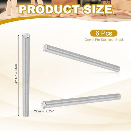PATIKIL 6mm x 100mm Dowel Pin Stainless Steel, 6 Pcs 304 Stainless Steel Pegs Shelf Pins Rod Support Metal Fasten Elements for Shelves Furniture Fixing Component, Silver - size: 6mm x 100mm