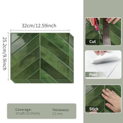 10 Sheets Thicker Herringbone Peel and Stick Backsplash - color: Forest Green