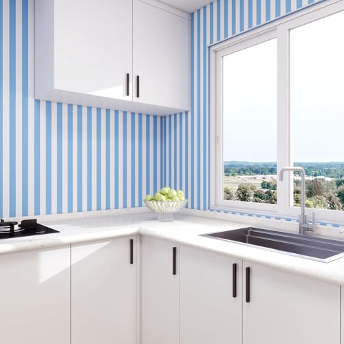 Blue and White Striped Peel and Stick Wallpaper 17.3"x400" - color: Blue, size: 17.3" x 400"
