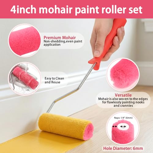 4 Inch Mohair Paint Roller Kit, 12 Pack Small Paint Roller Set with Frame, Nap Lint-Free and Shed-Resistant Mini Roller Covers for Cabinets, Doors, Wood, Furniture, Corners, Trim and Walls