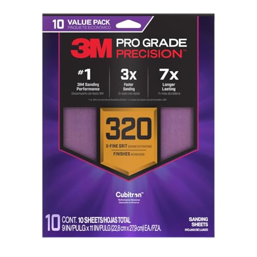 3M Pro Grade Precision Sanding Sheets with No-Slip Grip, 9 x 11 in, 320 Grit, 10-Pack (SHR320-PGP-10T) - style: 320 Grit, 10 Sheets, 9" x 11"
