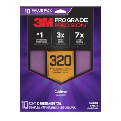 3M Pro Grade Precision Sanding Sheets with No-Slip Grip, 9 x 11 in, 320 Grit, 10-Pack (SHR320-PGP-10T) - style: 320 Grit, 10 Sheets, 9" x 11"