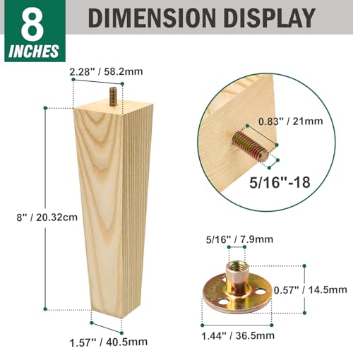 FoDau770 Square Furniture Legs 8 Inch, Ash Wood Legs with 5/16"-18 Bolts - size: 8 Inch