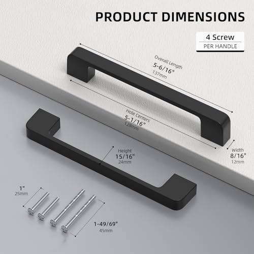 Black Cabinet Handles 5 Inch Matte Black Cabinet Pulls 10 Pack - color: Black, size: 5 Inch (128 mm) Hole Centers