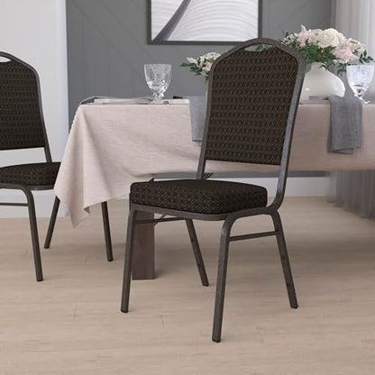 EMMA + OLIVER Brown Crown Back Stacking Banquet Chair - color: Brown Patterned Fabric/Gold Vein Frame
