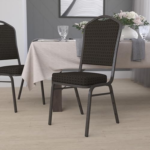 EMMA + OLIVER Brown Crown Back Stacking Banquet Chair - color: Brown Patterned Fabric/Gold Vein Frame