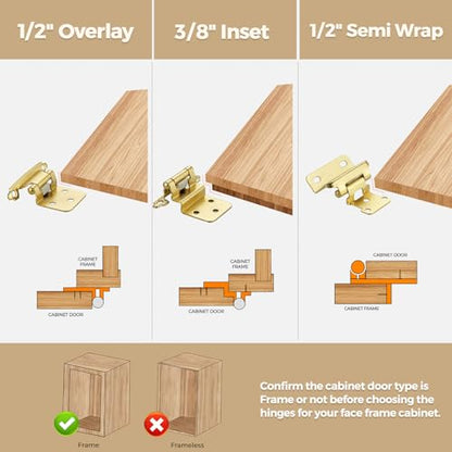 30 Pack 15 Pair Gold Cabinet Hinges, 3/8" Inset Semi-Concealed Hinges - color: Gold, size: 3/8" Inset