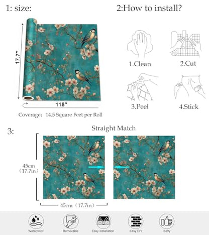Bird Floral Peel and Stick Wallpaper, Teal Chinoiserie Botanical Wallpaper - color: ML-M091, size: 17.7" x 118"