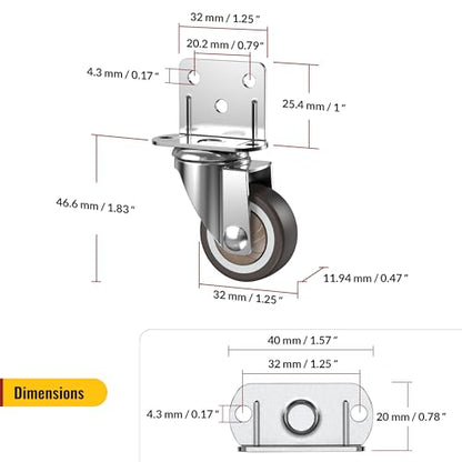 Side Mount Casters Wheels 1.25Inch with Heavy Duty Thickened L-Shaped Plate