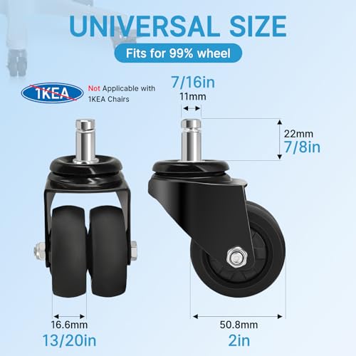Nefish Office Chair Caster Wheels 2 Inch, 11mm, Heavy Duty Replacement Rubber Chair Casters, Support 750lbs(Set of 5), Quiet Rolling Desk Chair Rollers, Safe for Hardwood Floors&Carpet, Universal Fit - style: 2 IN Casters NO Brake（11mm）