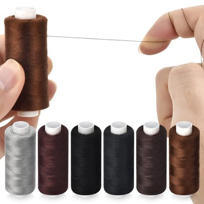 6 Pcs Polyester Thread Kit - 400 Yards Each Spool, Sewing Threads for Machine & Hand Stitching, Embroidery, Includes Sewing Needle & Threader - color: dark color