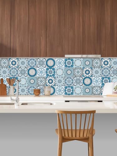 Peel Stick Vinyl Moroccan wall Tile Decals 6x6in Stick on backsplash,24Pc - color: Cyan Mandala 6x6