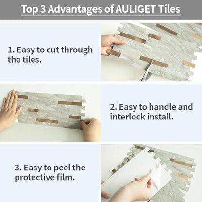 AULIGET 2 Sheets Faux Stone Peel and Stick Backsplash, Light Brown Marble Look PVC Wall Tiles Stick on Backsplash for Kitchen - color: Light Brown, size: 2 Sheets, 6"x12"x0.12"