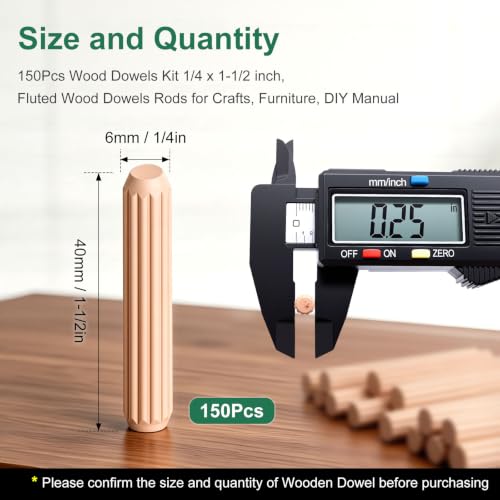 150Pcs Wood Dowels Kit 1/4 x 1-1/2inch, Wooden Dowel Pins, Fluted Wood Dowels Rods for Crafts, Furniture, DIY Manual - size: 1/4" x 1-1/2"