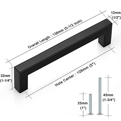 Probrico (5 Pack) Matte Black Square Cabinet Pulls Stainless Steel 5 Inch(128mm) Hole Center Drawer Handles Modern Kitchen Cabinet Hardware - color: Black, size: hole center 5"