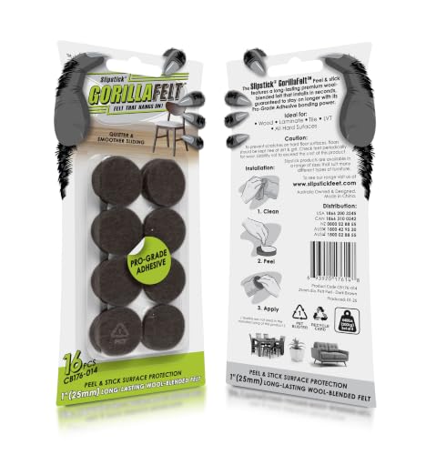 Slipstick GorillaFelt Premium Felt Furniture Pads/Chair Feet Floor Protectors (1 Inch Round) Includes 16 Heavy-Duty Felt Pads with Self Stick Adhesive, Brown - size: 1" Brown