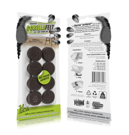 Slipstick GorillaFelt Premium Felt Furniture Pads/Chair Feet Floor Protectors (1 Inch Round) Includes 16 Heavy-Duty Felt Pads with Self Stick Adhesive, Brown - size: 1" Brown
