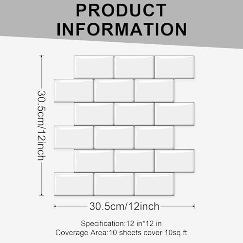 10 Sheets Thicker Design Peel and Stick Backsplash, 12"x12" Peel and Stick Wall Tiles, Subway Look Marble Tiles Backsplash for Kitchen and Bathroom, White - color: White