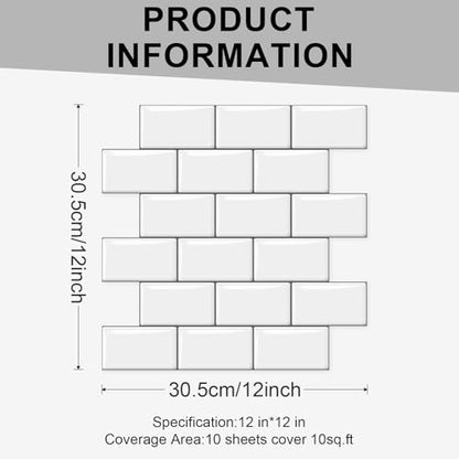 10 Sheets Thicker Design Peel and Stick Backsplash, 12"x12" Peel and Stick Wall Tiles, Subway Look Marble Tiles Backsplash for Kitchen and Bathroom, White - color: White