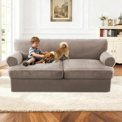 Turquoize T Cushion Sofa Slipcover 3 Piece Sofa Covers for 2 Large Cushion Couch Thick Velvet Couch Cover Stretch Furniture Covers with 2 Individual T Cushion Covers, Washable (2 Cushion Sofa, Taupe) - color: Taupe, size: Sofa (2 Cushion)