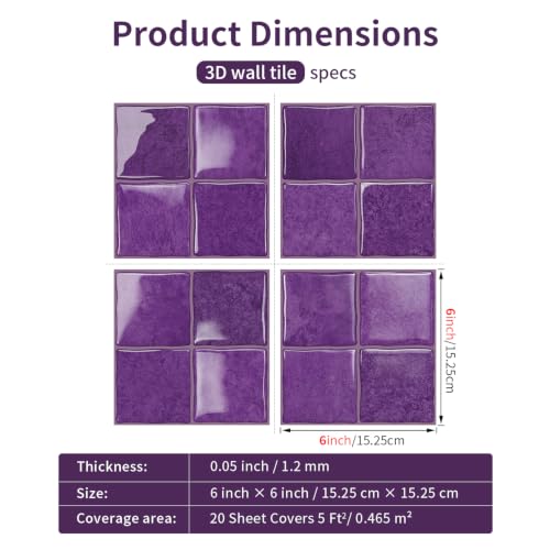 20pcs Peel and Stick Backsplash Wall Tiles,Purple 6"x6" - color: Purple
