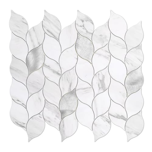 Tilingview 10-Sheet Peel and Stick Backsplash Tile for Kitchen, Self-Adhesive Mosaic Leaf Shape PVC Mixed Metal Wall Tile with Gaps (Leaf Gaps Marble) - color: Leaf Gaps Marble