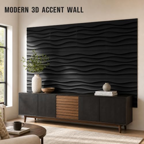 Chunful 30 Pcs 28.81 Sq ft 3D Wall Panels PVC Wave Design,11.8" x 11.8" Wall Panels Brick Wallpaper Waterproof for Interior Living Room Bedroom Decor(Black)