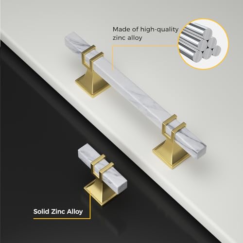Rergy 10 Pack Cabinet Handles, White Marble & Matte Gold Pulls, 3" - color: White Marble & Matte Gold &Square, size: 3 inch (76mm) Hole Center