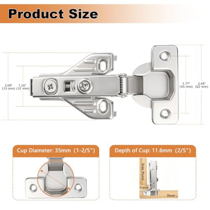 Probrico Full Overlay Soft Close Clip On Face Frame Mounting Cabinet Hinges, Nickel Plated Door Hinges, Concealed Screws 105 Degree Kitchen Cabient Hinges, 4 Pair