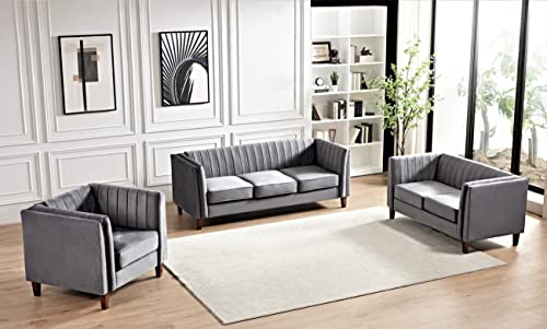 Container Furniture Direct Modern Luxury Velvet Couches for Living Room with High Density Foam, Soft Fabric Upholstery, Removable Cushions and Solid Wood Legs, 3 Piece Set Chair, Loveseat & Sofa, Grey - color: Grey, size: 3 Piece Set