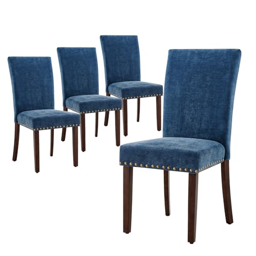 COLAMY Upholstered Parsons Dining Chairs Set of 4, Fabric Dining Room Kitchen Side Chair with Nailhead Trim and Wood Legs - Dark Blue - color: F-darkblue, size: Set of 4