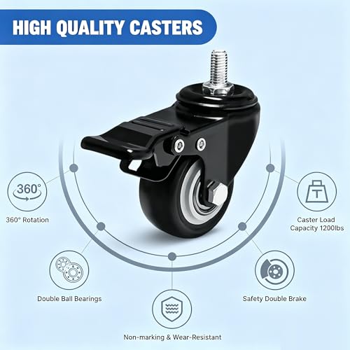 2 Inch Swivel Caster Wheels Set of 8 Metric M8 15mm Threaded Stem - size: 2Inch x M8 x 15mm
