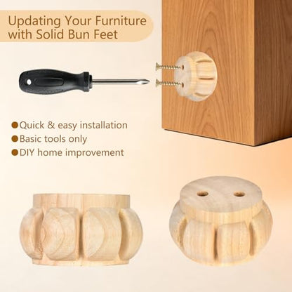 2 Inch Unfinished Wooden Bun Feet for Furniture Set of 4 - size: 2 Inch