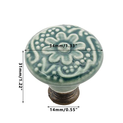 12 Pcs Ceramic Cabinet Knobs, 34mm/1.33 Inch Diameter Floral Ceramic Decorative Round Dresser Drawer Pulls Handles Single Knobs with Screws for Furniture Cabinet (Green)